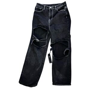 SHEIN Grunge Goth Punk Distressed Strap Buckle Straight Leg Black Denim Jeans